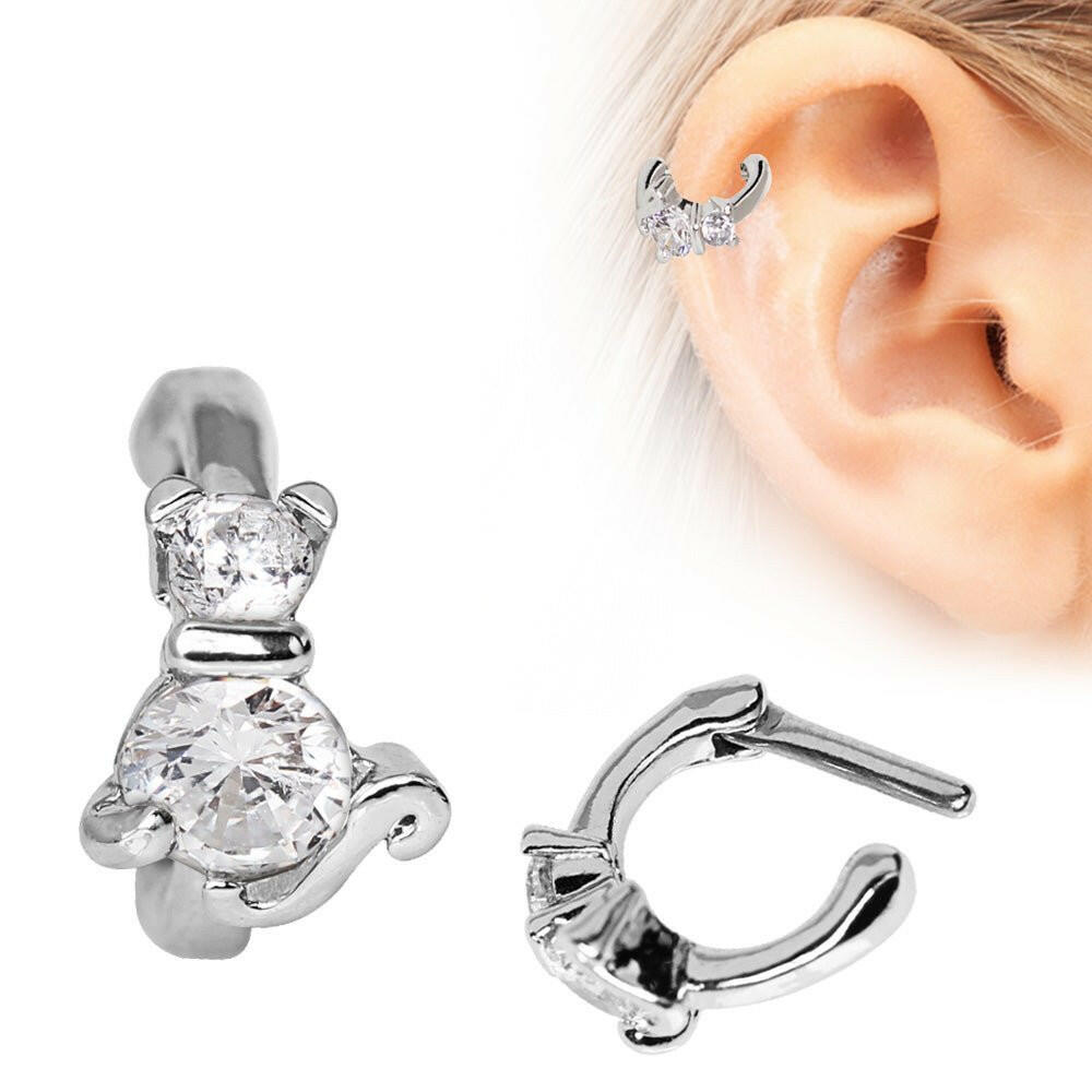 316L Stainless Steel Jeweled Cat Cartilage Clicker Earring - Impulse Piercings