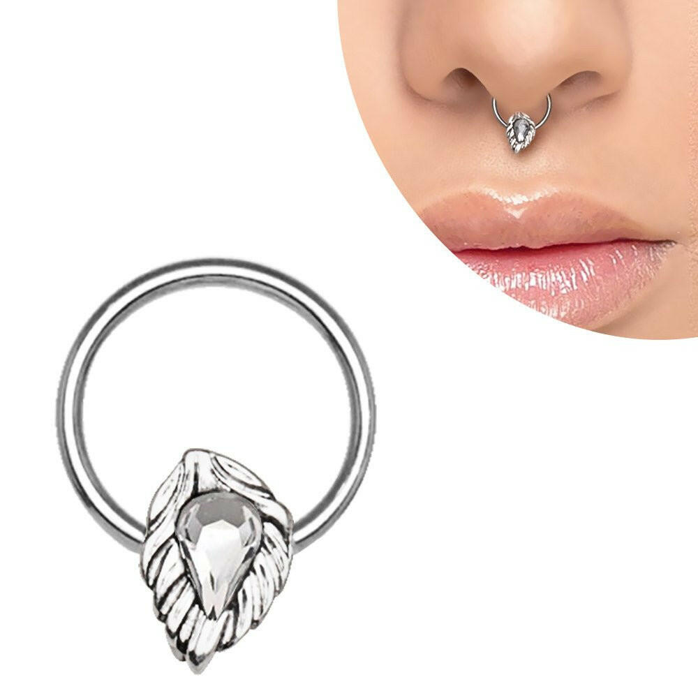 316L Stainless Steel Jeweled Leaf Captive Bead Ring / Septum Ring - Impulse Piercings