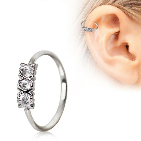 316L Stainless Steel Synthetic Triple CZ Cartilage Earring / Nose Hoop Ring - Impulse Piercings