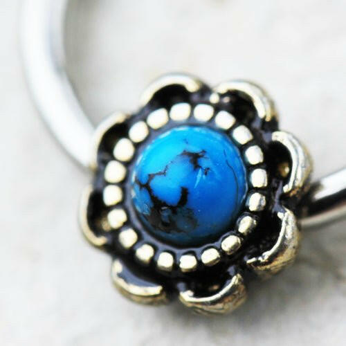 316L Stainless Steel Turquoise Flower Snap-in Captive Bead Ring / Septum Ring - Impulse Piercings