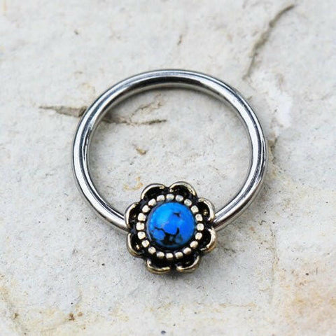 316L Stainless Steel Turquoise Flower Snap-in Captive Bead Ring / Septum Ring - Impulse Piercings