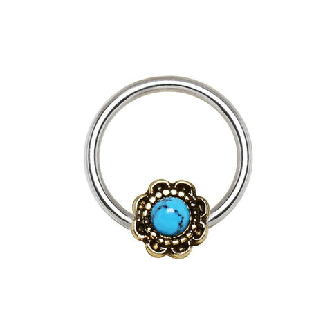 316L Stainless Steel Turquoise Flower Snap-in Captive Bead Ring / Septum Ring - Impulse Piercings