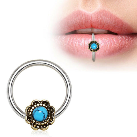 316L Stainless Steel Turquoise Flower Snap-in Captive Bead Ring / Septum Ring - Impulse Piercings