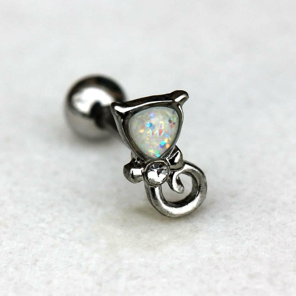 316L Stainless Steel White Synthetic Opal Cat Cartilage Earring.