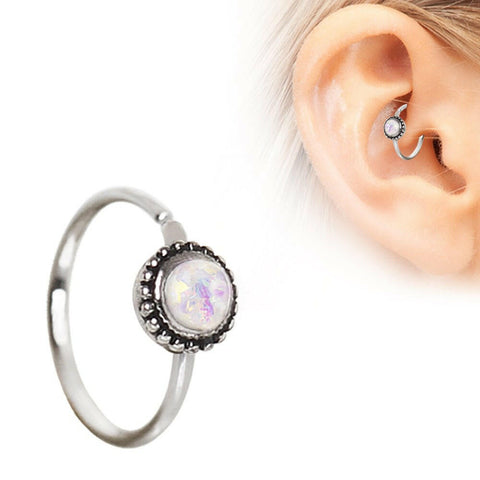 316L Stainless Steel White Synthetic Opal Ornate Cartilage Hoop Earring - Impulse Piercings