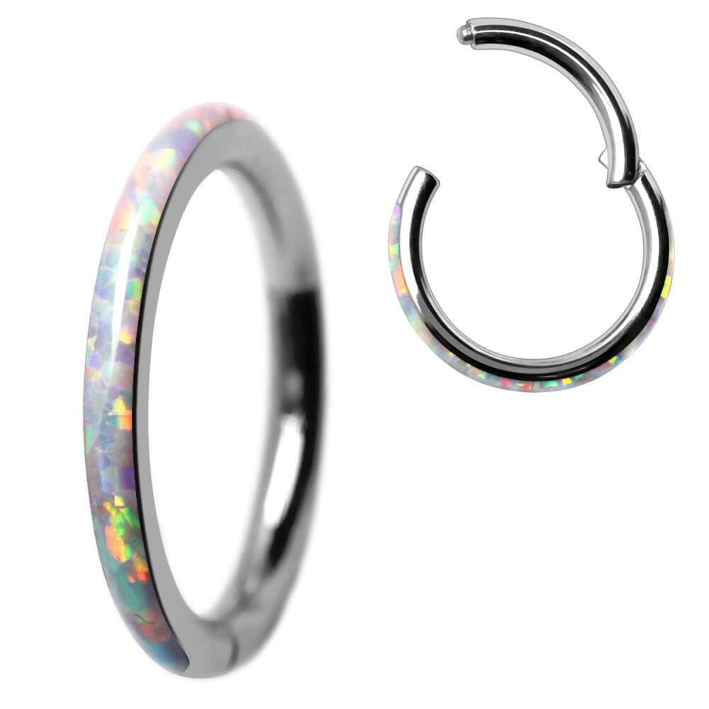 316L Stainless Steel White Synthetic Opal Seamless Clicker Ring.