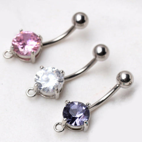 316L Surgical Steel Navel Ring with Prong Set CZ and a Ring to Attach Dangle - Impulse Piercings