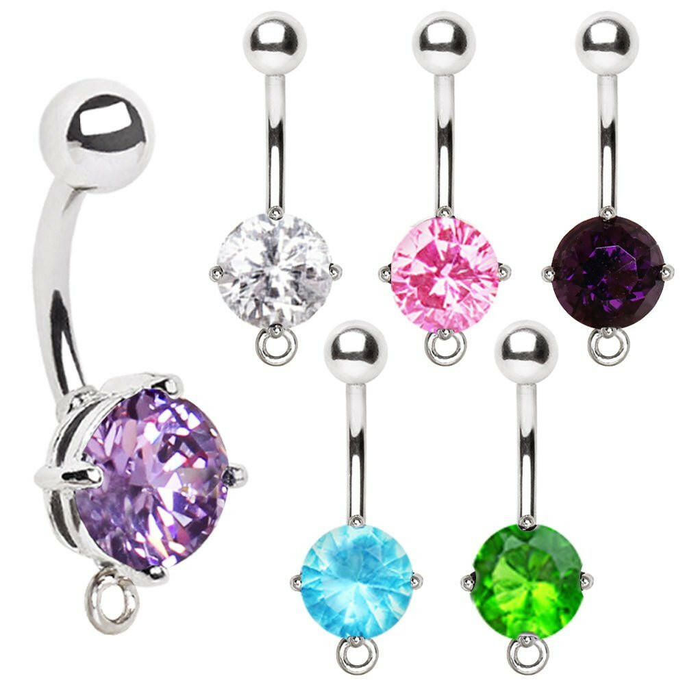 316L Surgical Steel Navel Ring with Prong Set CZ and a Ring to Attach Dangle - Impulse Piercings