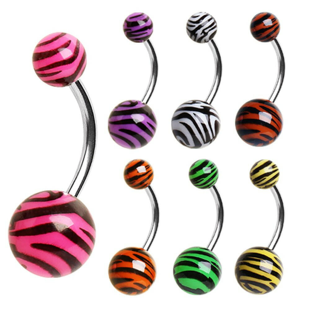 316L Surgical Steel Navel Ring with UV Coated Zebra Balls - Impulse Piercings