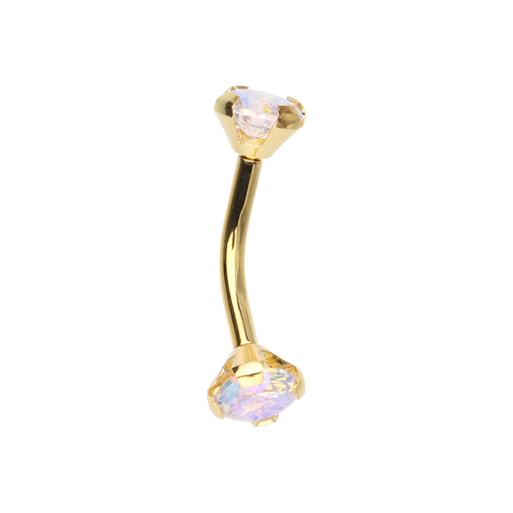 Cubic Golden CZ Gem Internally Threaded Prong Curved Barbell Eyebrow Ring