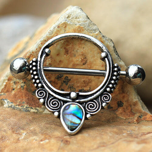 Stainless Steel Ornate Nipple Shield with Tear Drop Abalone - Impulse Piercings