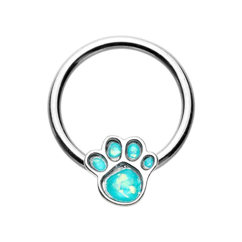 Animal Lover Paw Print Glitter Opal Steel Captive Bead Ring.