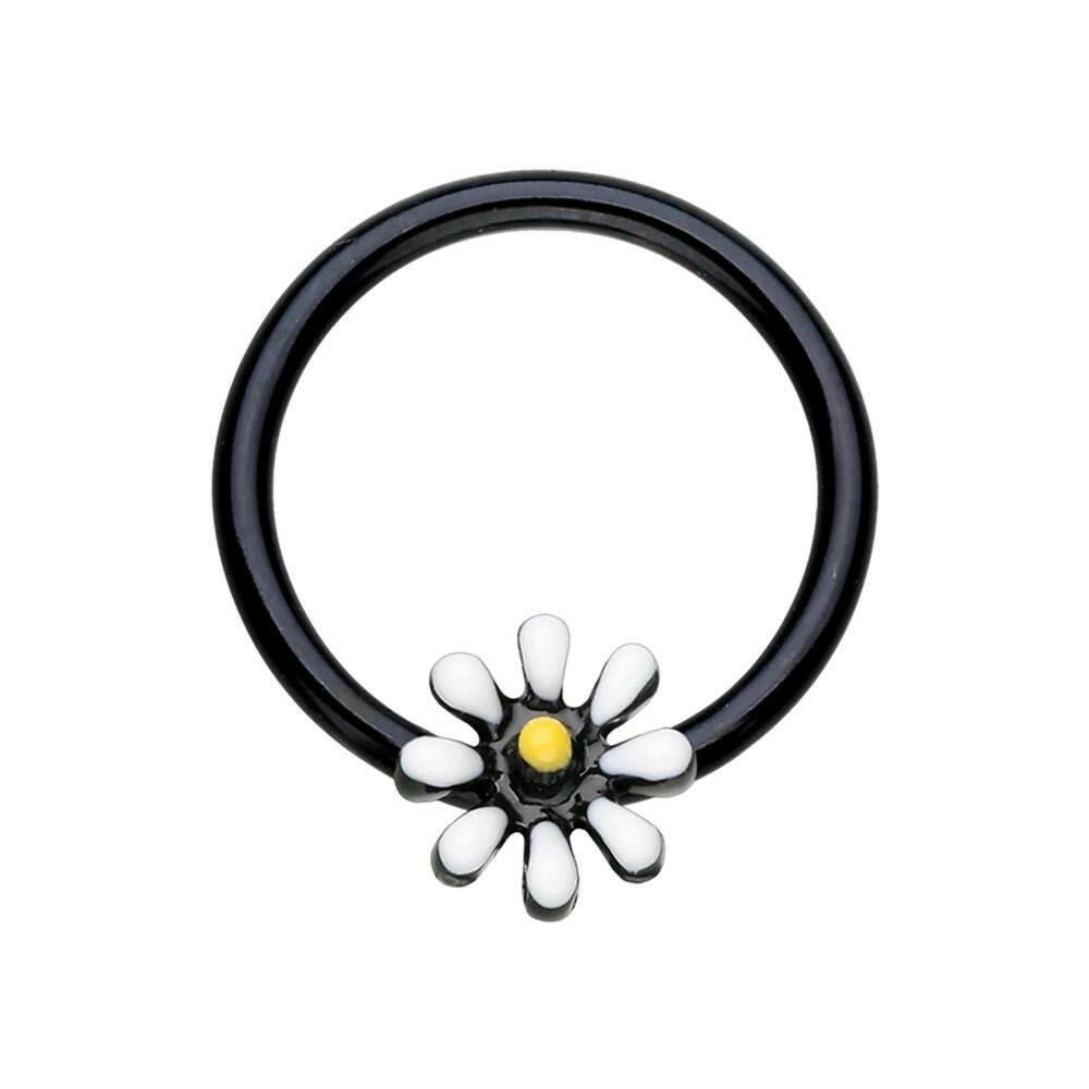 Black Daisy Flower Steel Captive Bead Ring.