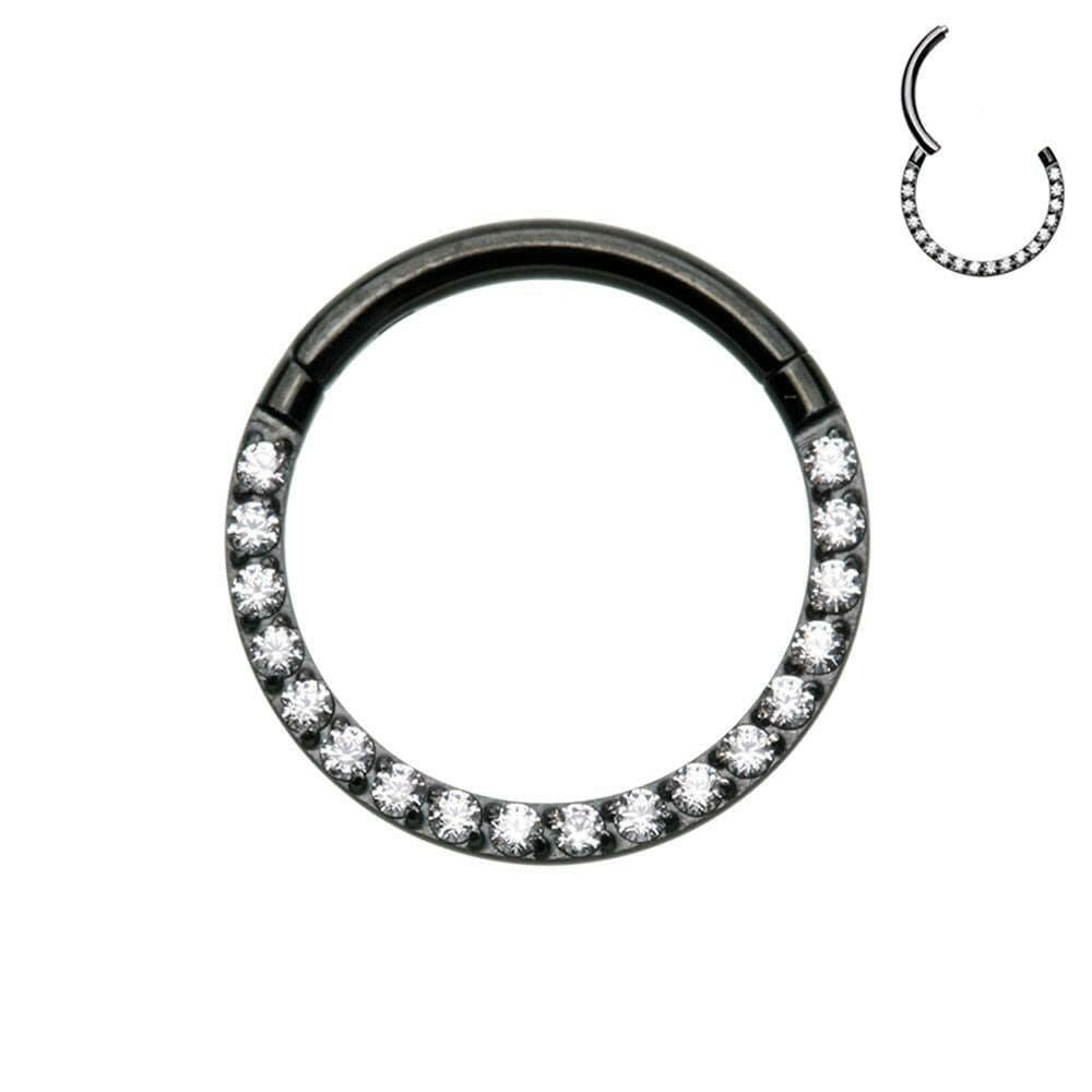 Black Front Facing Multi Gem Steel Seamless Hinged Clicker Ring.