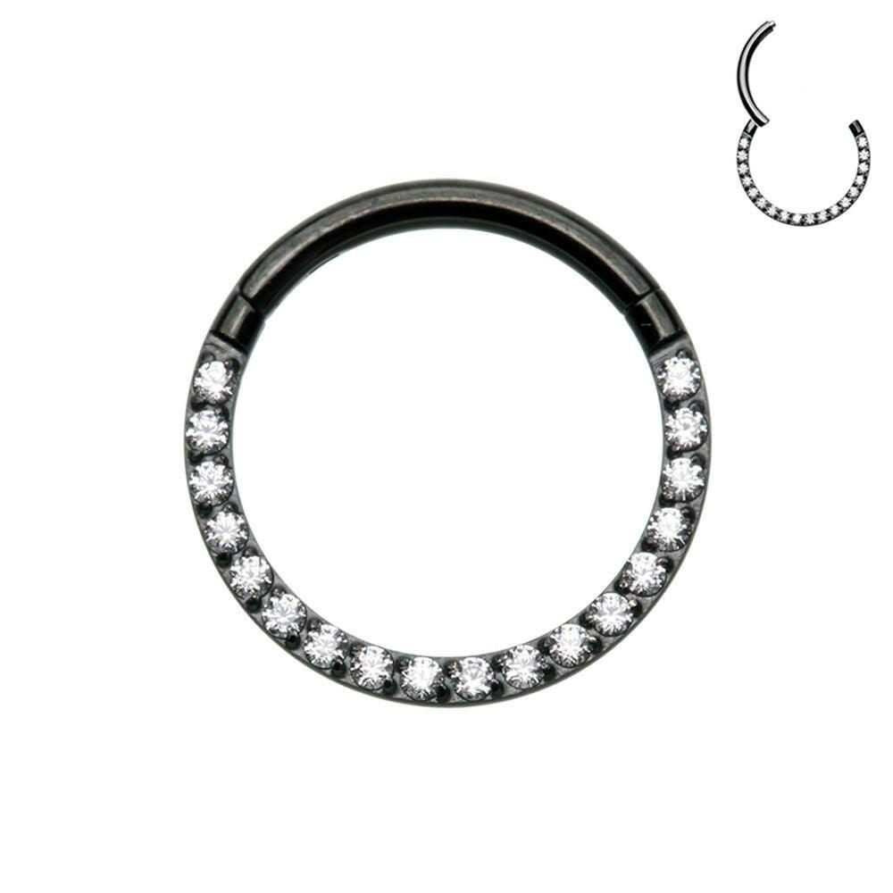 Black Front Facing Multi Gem Steel Seamless Hinged Clicker Ring.