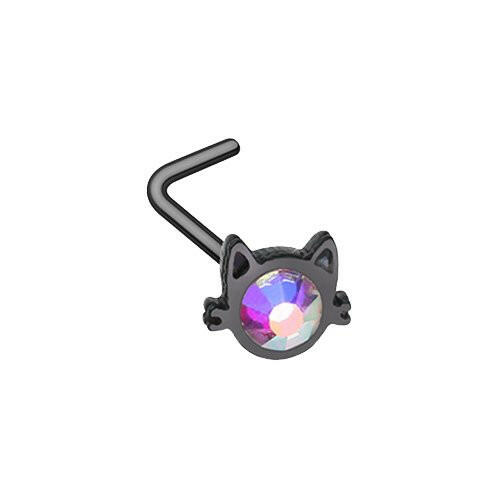 Black Iridescent Cat Silhouette Face L-Shape Nose Ring.