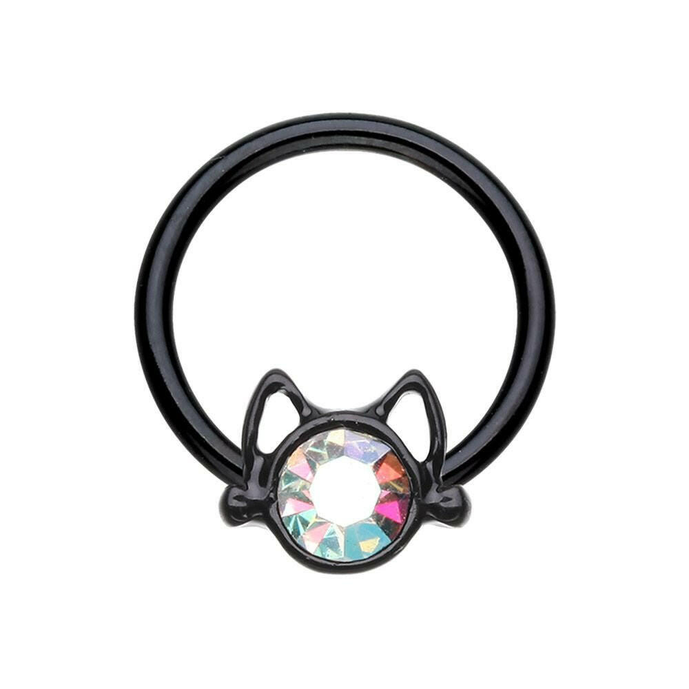 Black Kitty Cat Steel Captive Bead Ring.