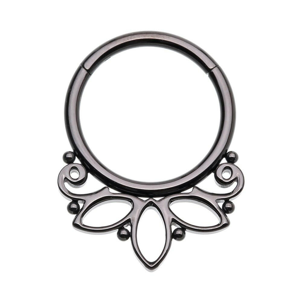 Black Lotus Outline Steel Seamless Hinged Clicker Ring - Impulse Piercings