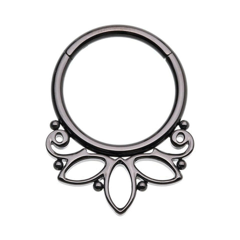 Black Lotus Outline Steel Seamless Hinged Clicker Ring - Impulse Piercings