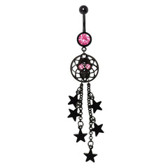 Black PVD Plated Alien Skull and Stars Dangle Navel Ring.