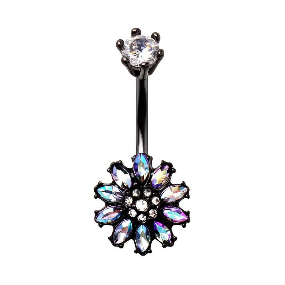 Black PVD Plated Aurora Borealis Flower Navel Ring.