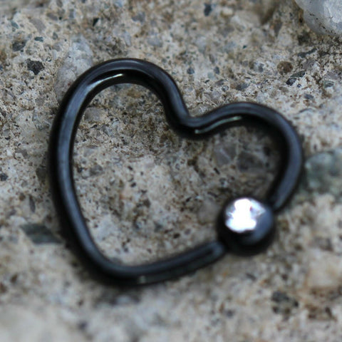 Black PVD Plated Heart Captive Bead Ring with Clear CZ - Impulse Piercings