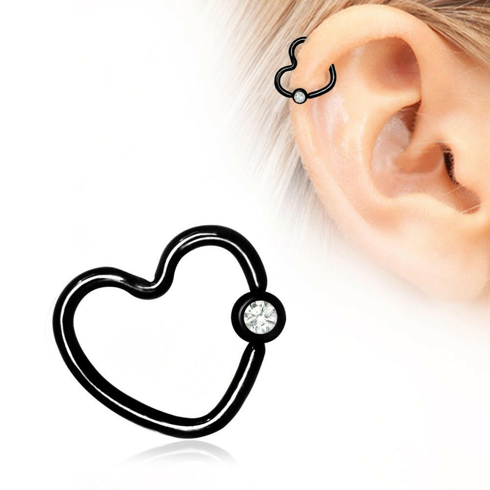 Black PVD Plated Heart Captive Bead Ring with Clear CZ - Impulse Piercings