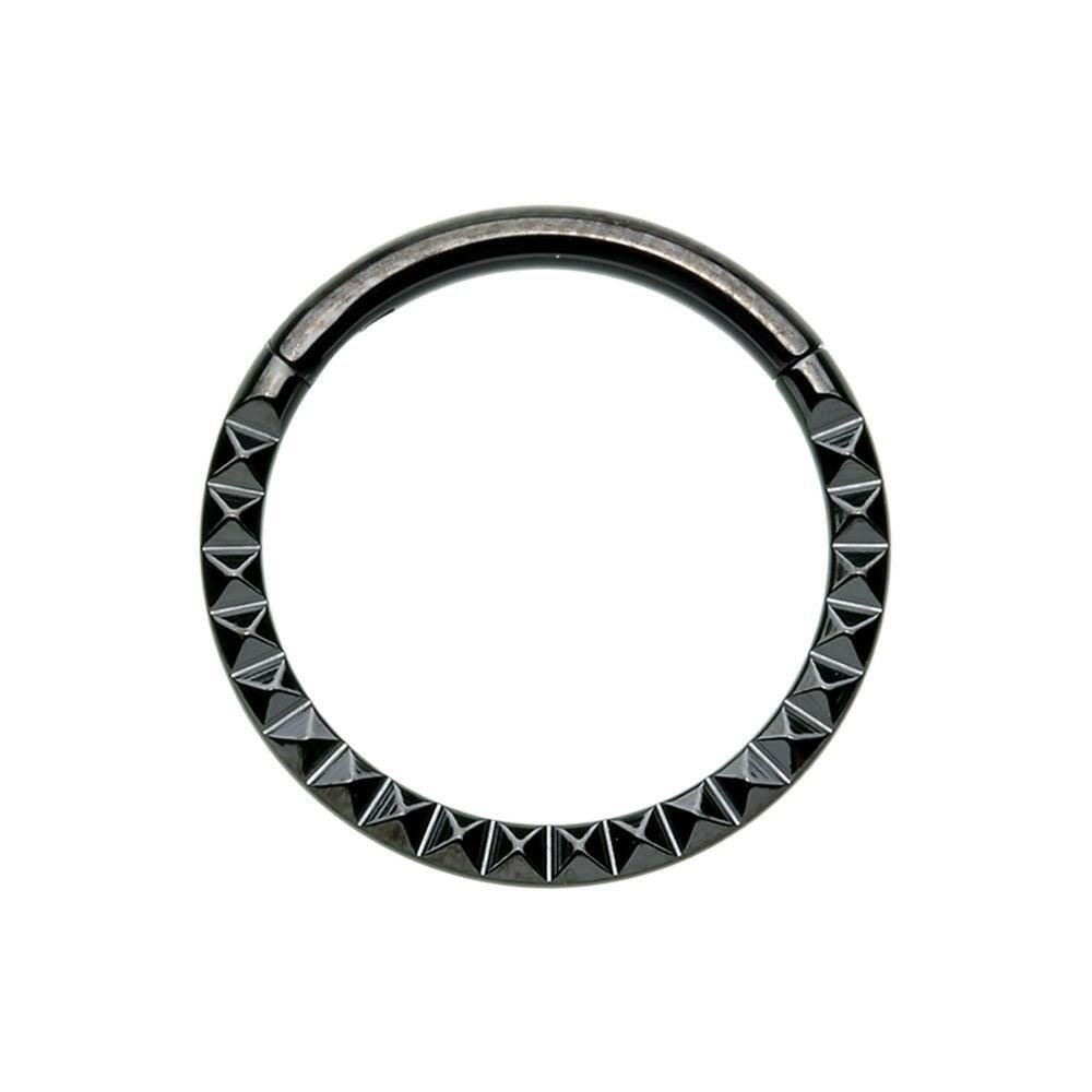 Black Pyramid Front Stamped Steel Seamless Hinged Clicker Ring.