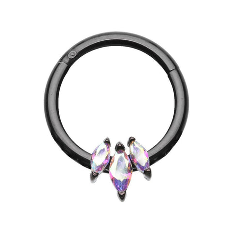 Black Triple Gem Marquis Steel Seamless Hinged Clicker Ring.