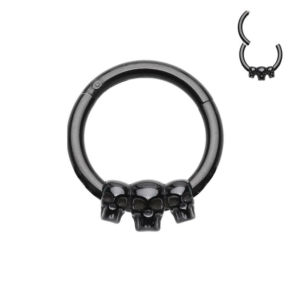 Black Triple Skull Steel Seamless Hinged Clicker Ring.