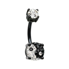 Black Yin Yang Sprinkle Dot Gem Prong Sparkle Belly Button Ring.