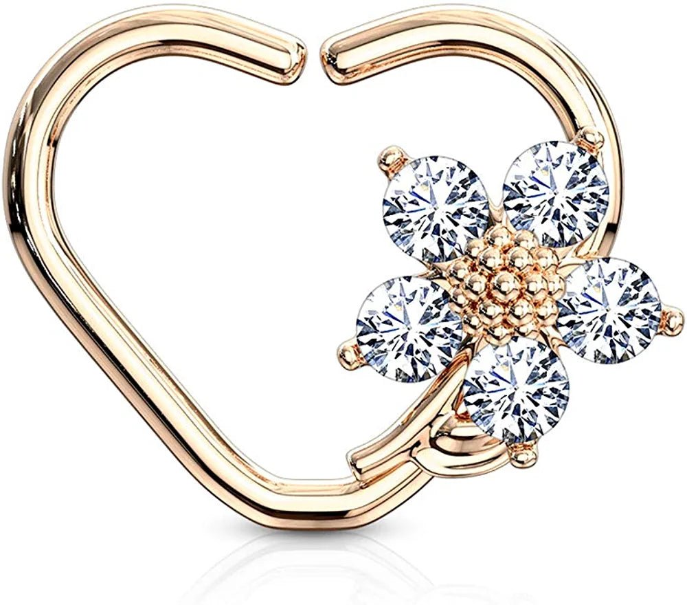 Brass CZ Flower Heart Shape Ear Cartilage Daith Hoop Rings - Impulse Piercings