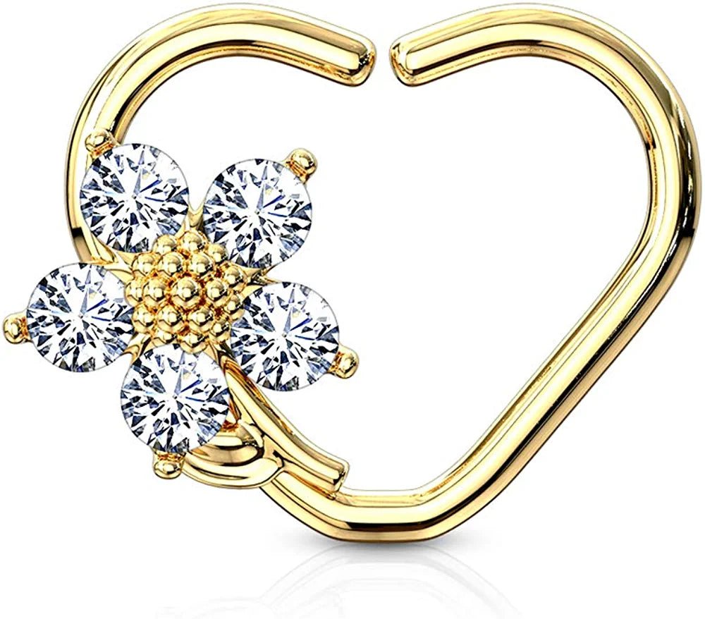 Brass CZ Flower Heart Shape Ear Cartilage Daith Hoop Rings - Impulse Piercings