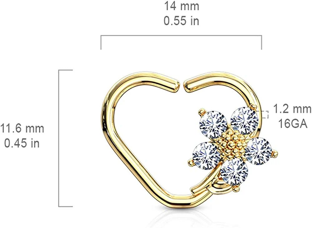 Brass CZ Flower Heart Shape Ear Cartilage Daith Hoop Rings - Impulse Piercings