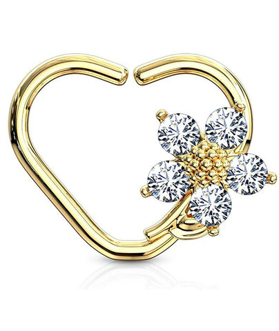 Brass CZ Flower Heart Shape Ear Cartilage Daith Hoop Rings - Impulse Piercings