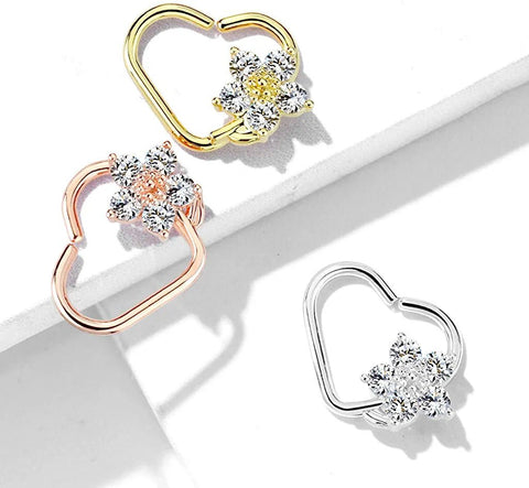 Brass CZ Flower Heart Shape Ear Cartilage Daith Hoop Rings - Impulse Piercings