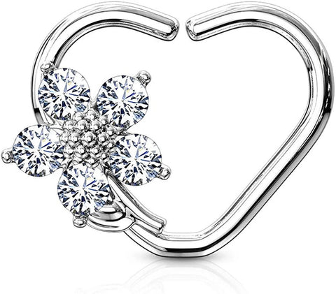 Brass CZ Flower Heart Shape Ear Cartilage Daith Hoop Rings - Impulse Piercings