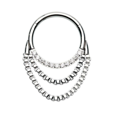 Chained Front Facing Multi Gem Steel Seamless Hinged Clicker Ring.