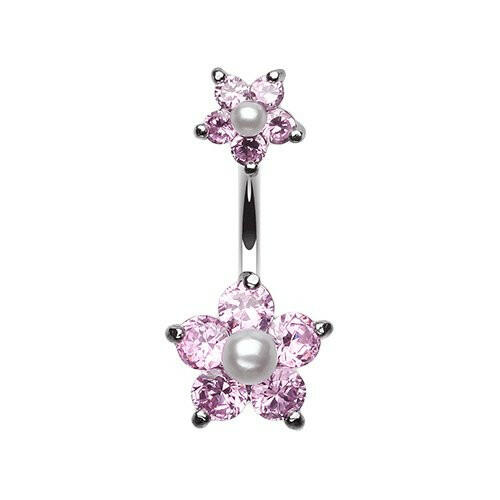 Cubic Zirconia Sparkle Pearl Bead Flower Belly Button Ring.