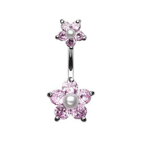 Cubic Zirconia Sparkle Pearl Bead Flower Belly Button Ring.