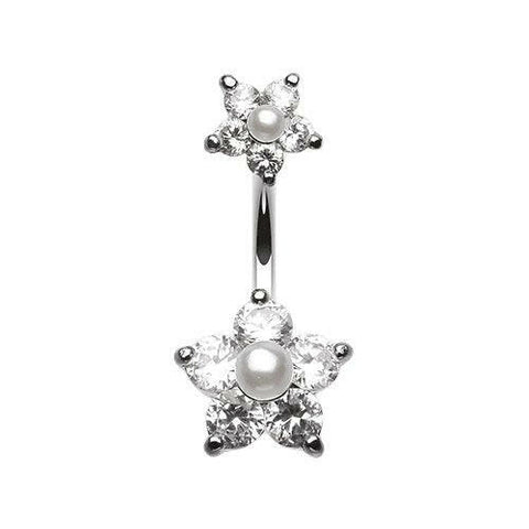 Cubic Zirconia Sparkle Pearl Bead Flower Belly Button Ring.