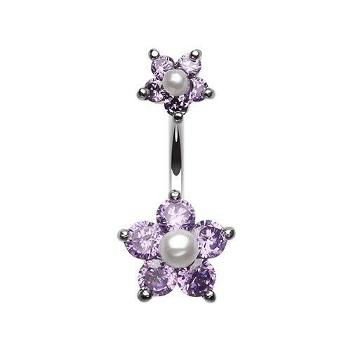 Cubic Zirconia Sparkle Pearl Bead Flower Belly Button Ring.