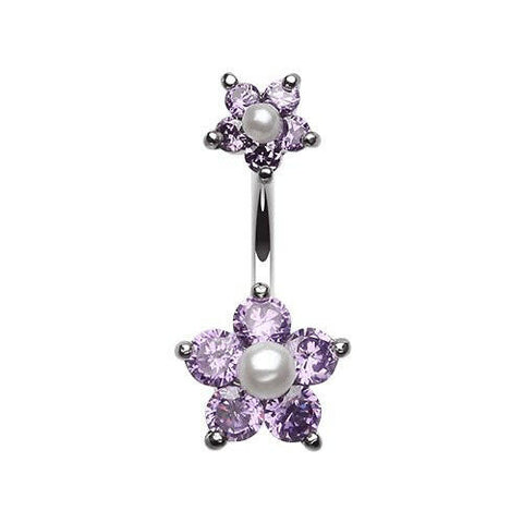 Cubic Zirconia Sparkle Pearl Bead Flower Belly Button Ring.