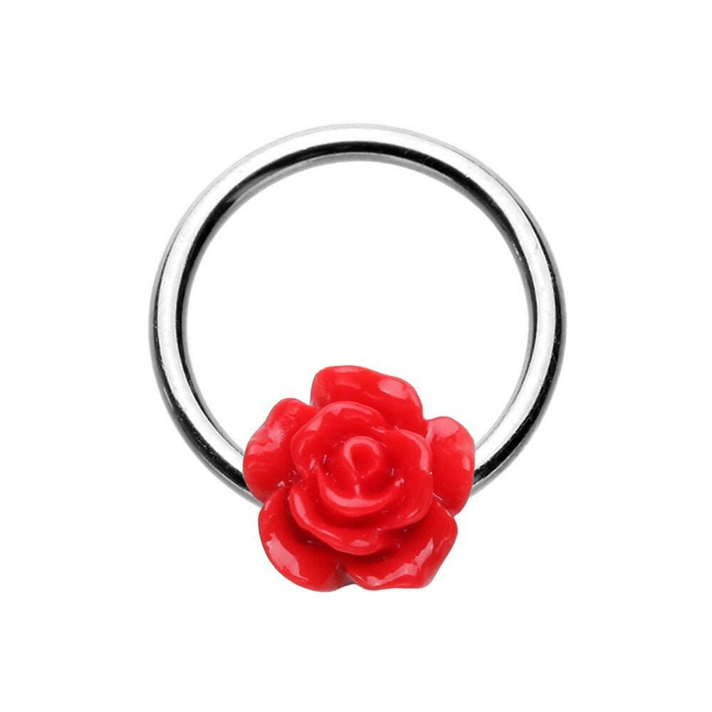 Dainty Red Rose Steel Captive Bead Ring.