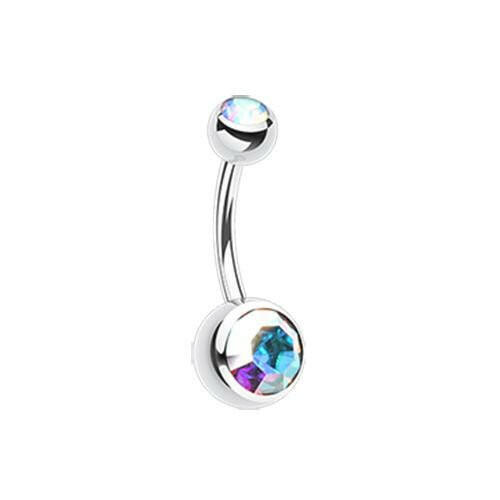 Double Gem Ball Steel Belly Button Ring 10mm.