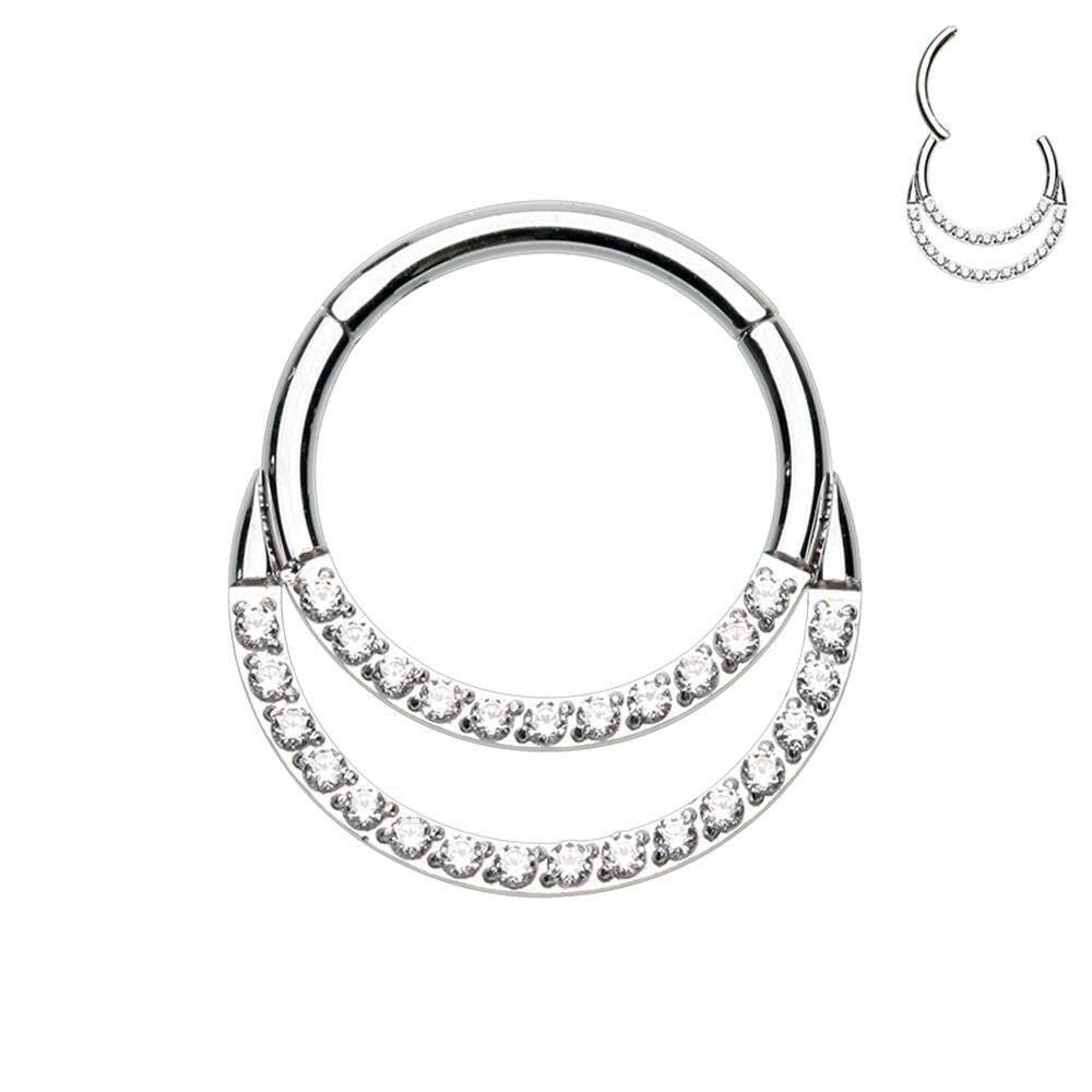 Double Row Front Facing Multi Gem Steel Seamless Hinged Clicker Ring.