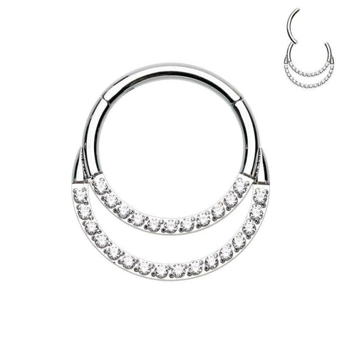 Double Row Front Facing Multi Gem Steel Seamless Hinged Clicker Ring.