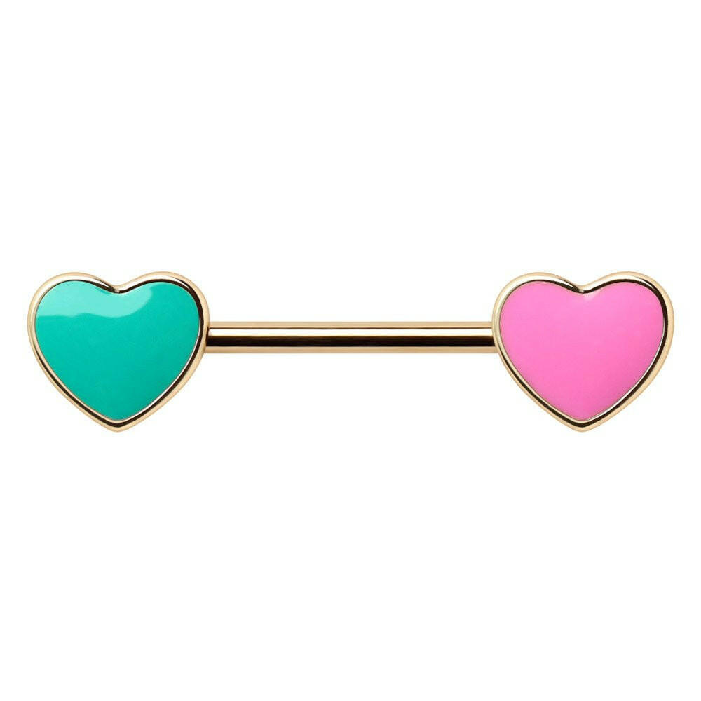 Gold Plated Double Colored Heart Nipple Bar.