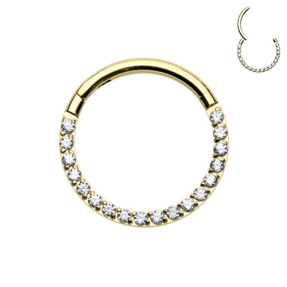 Gold Plated Front Facing Multi Gem Steel Seamless Hinged Clicker Ring.