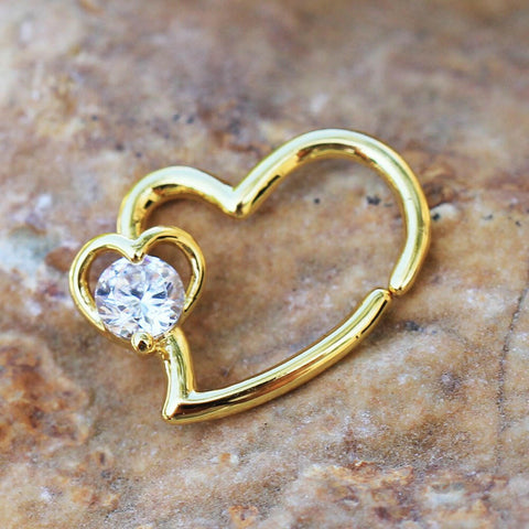 Gold Plated Heart Cartilage Earring with Jeweled Heart - Impulse Piercings